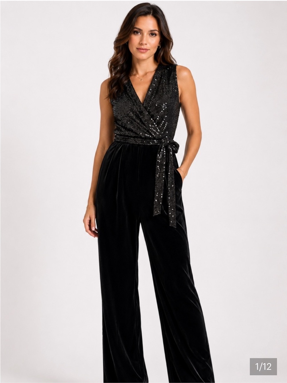 Vince camuto size 10 black sequins velvet jumpsuit vneck tie waist cocktail part
